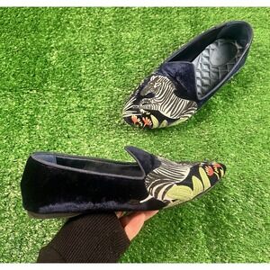 Birdies x Minted The Heron Flats in Wild Zebra Embroidered Blue Velvet 9 Shoes